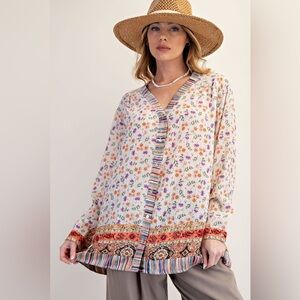 #165 CLOSEOUT FIRM 🌸New! Easel Boho Printed Floral Button up Blouse